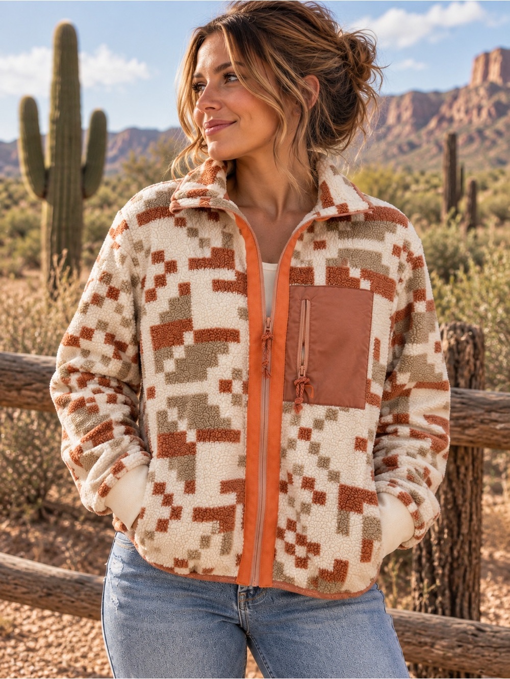 Kari Traa Cabincore Horse-blanket Pattern Sherpa Fleece Jacket Southwestern